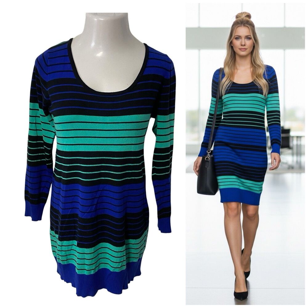 Say What Sweater Womens XL Blue Green Striped Knit Tunic Top Dress Scoop Neck